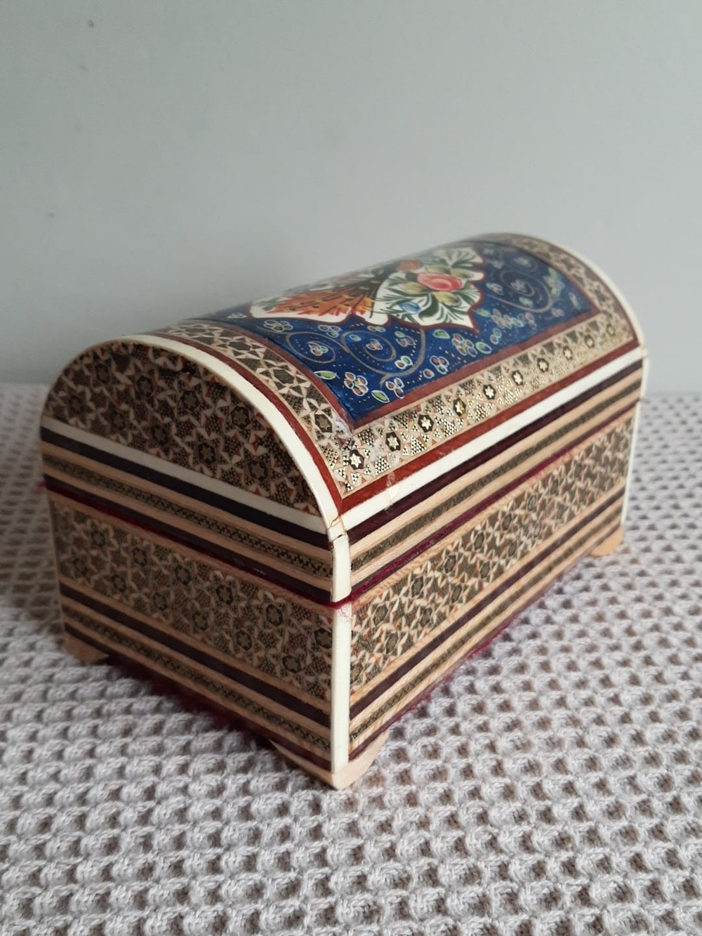 Vintage Persian Peacock Khatam Jewellery Box